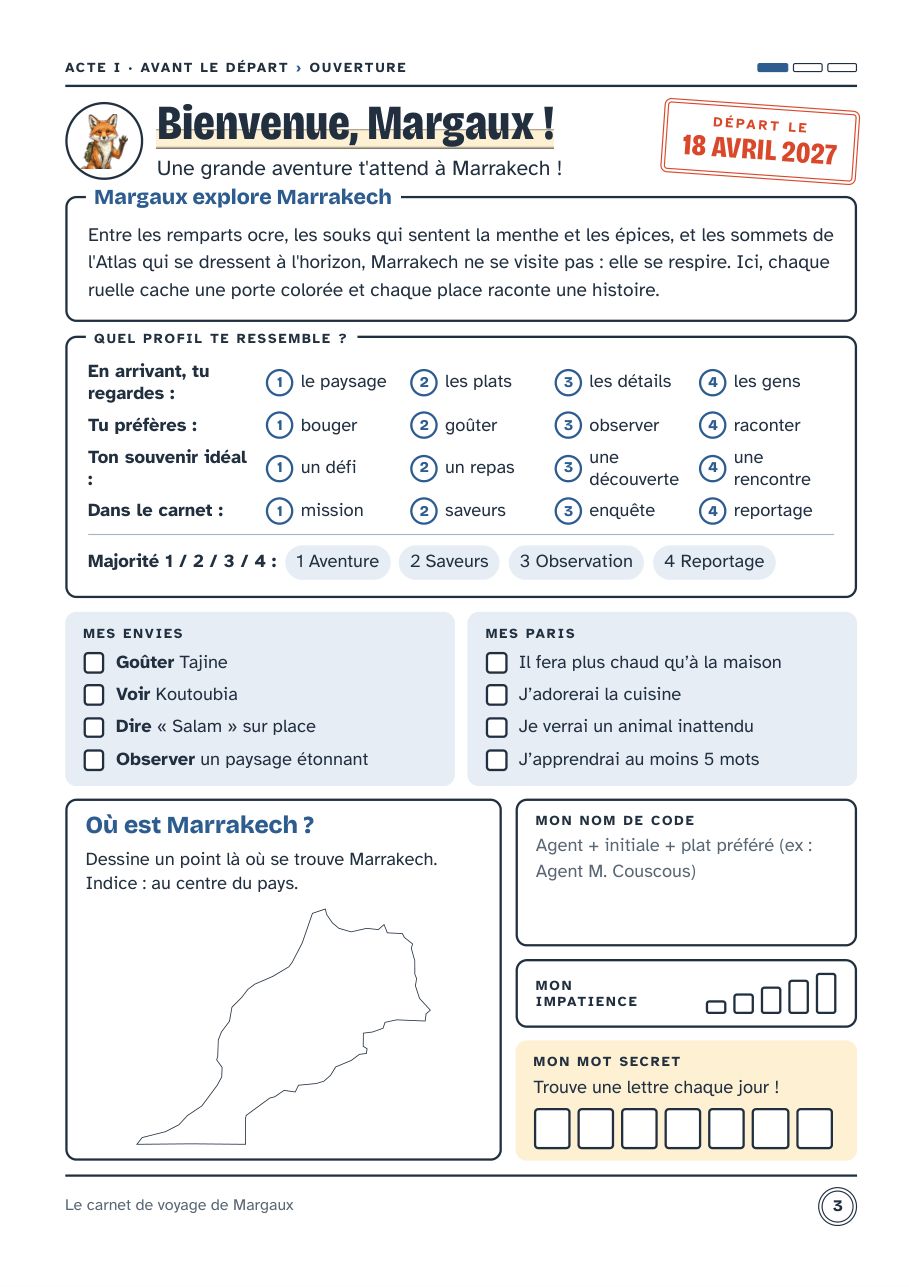 Page de bienvenue du carnet de Margaux