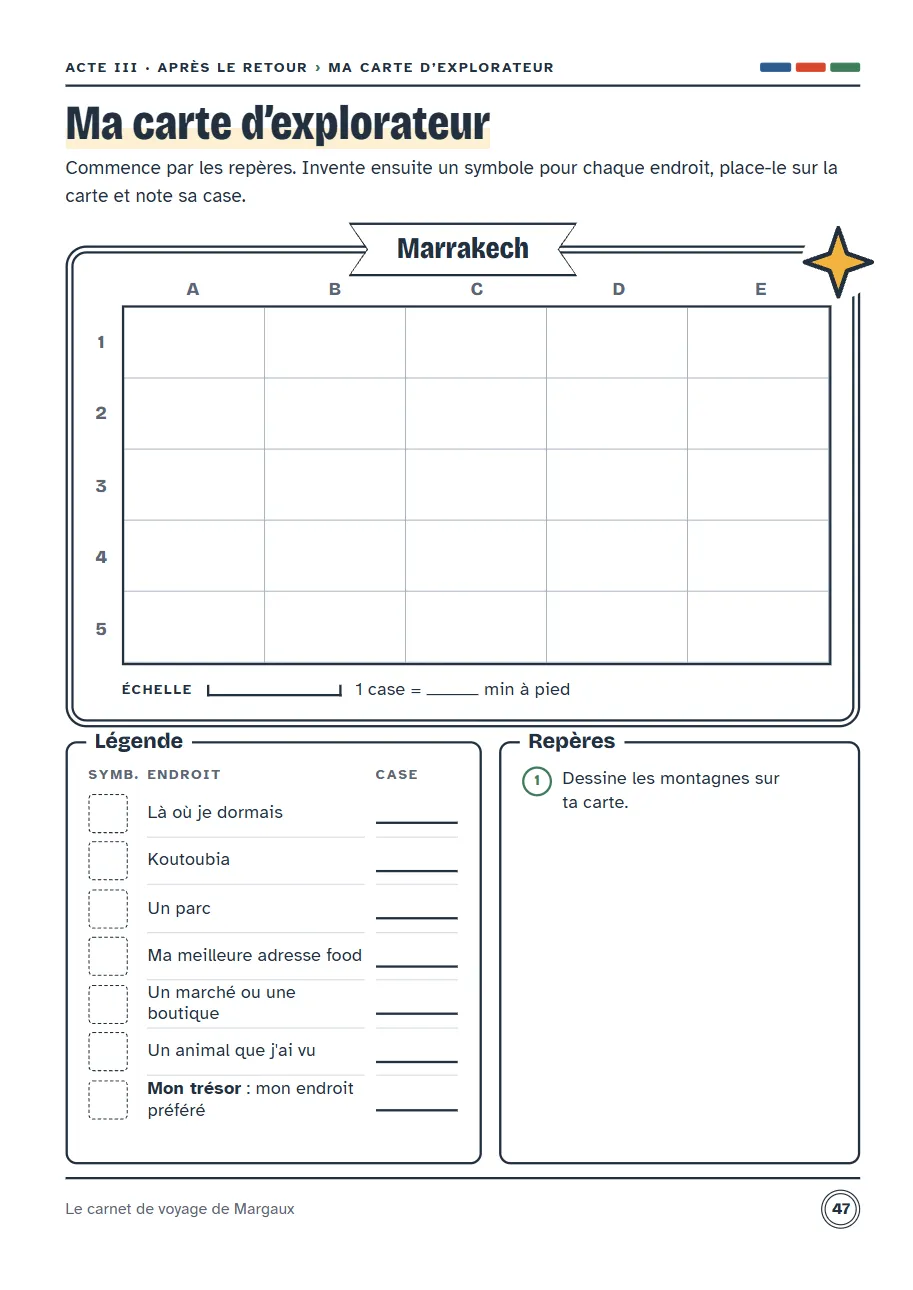 Page Ma carte d'explorateur : grille pour dessiner la carte du séjour avec sa légende