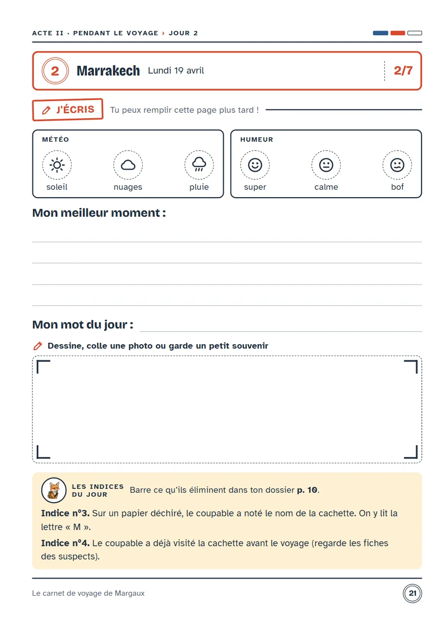 Page du jour 2 pour 10–12 ans : les indices du jour, qui renvoient à son défi et à l'histoire du jour 1