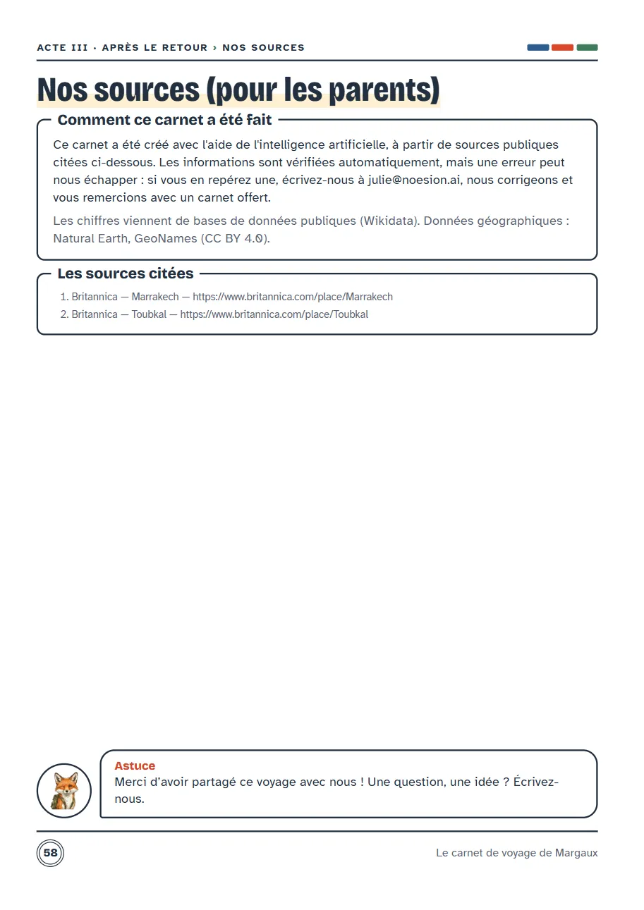 Page Nos sources : comment le carnet a été fait et liste des sources citées